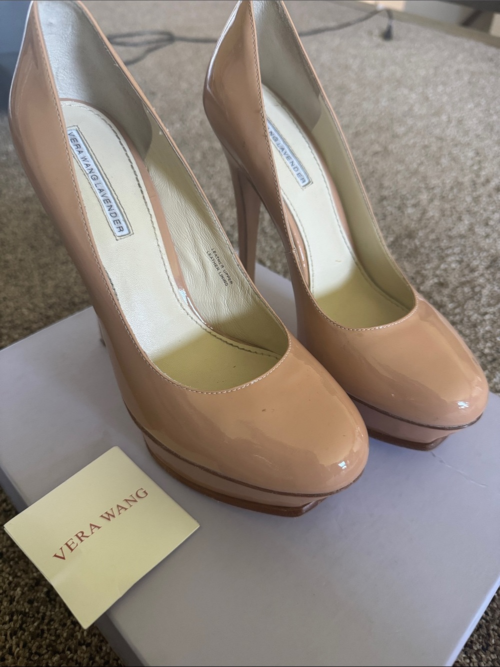 Vera Wang lavender Zoe latte patent leather platform shoes